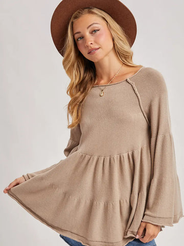 Over Stitch Tiered Baby Doll Bell Sleeved Sweater