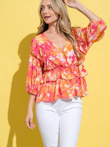 PRINTED LANTERN SLEEVE BLOUSE TOP