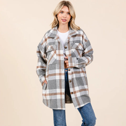 Lapel Button Up Plaid Flannel Shacket Shirt Jacket