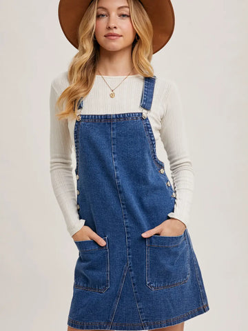 Denim Overall Mini Dress with Pockets
