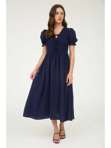 V Neck Front Tie Smocked Puff Sleeve Midi Dress
