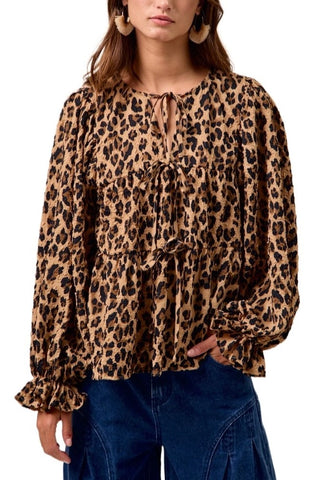 Leopard Printed Bow Tied Top with V Neck Drop
