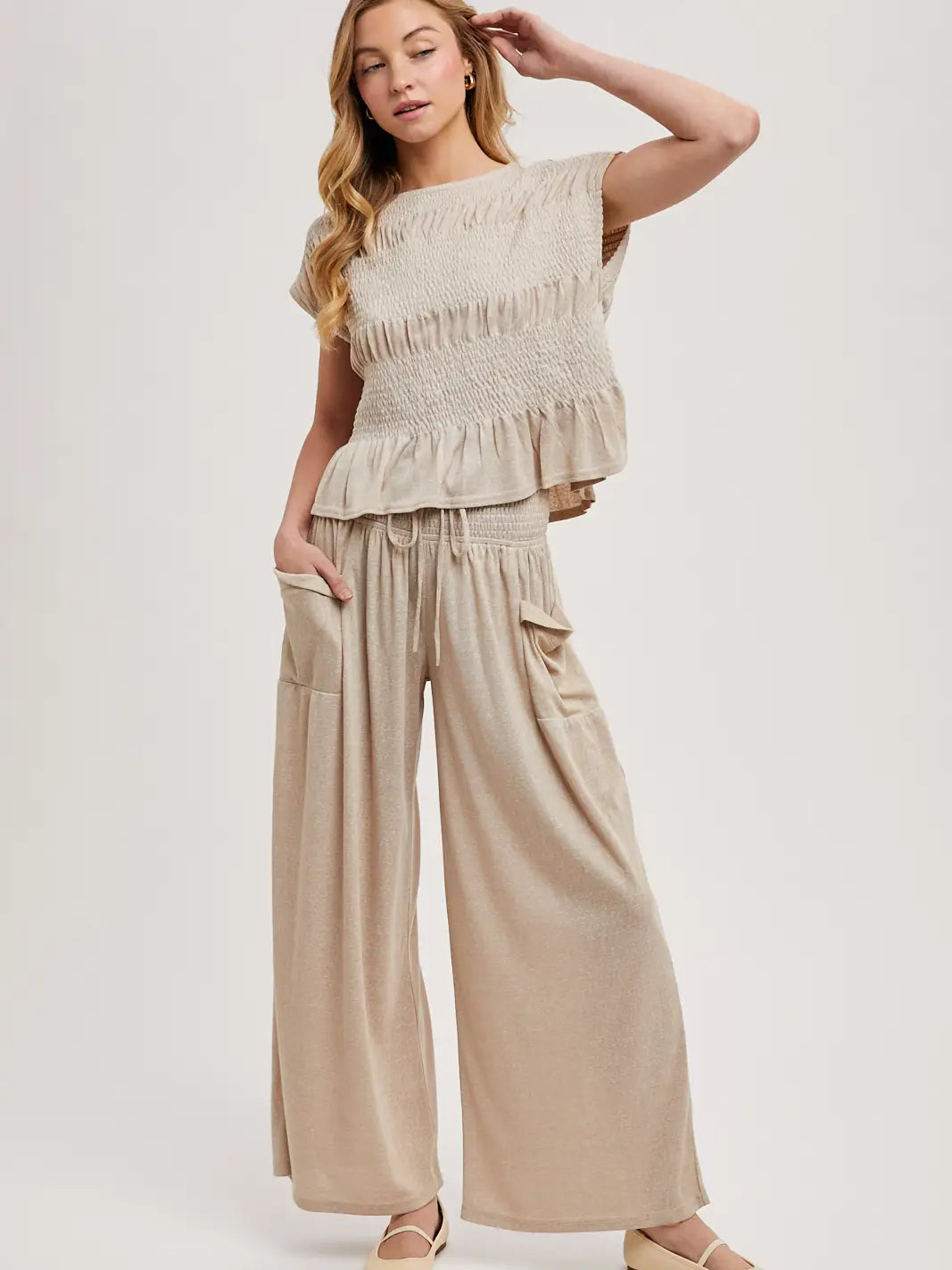 Relaxed Knit Smocked Top and Wide Pants Set