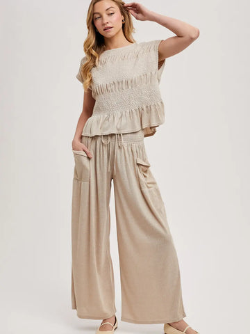 Relaxed Knit Smocked Top and Wide Pants Set