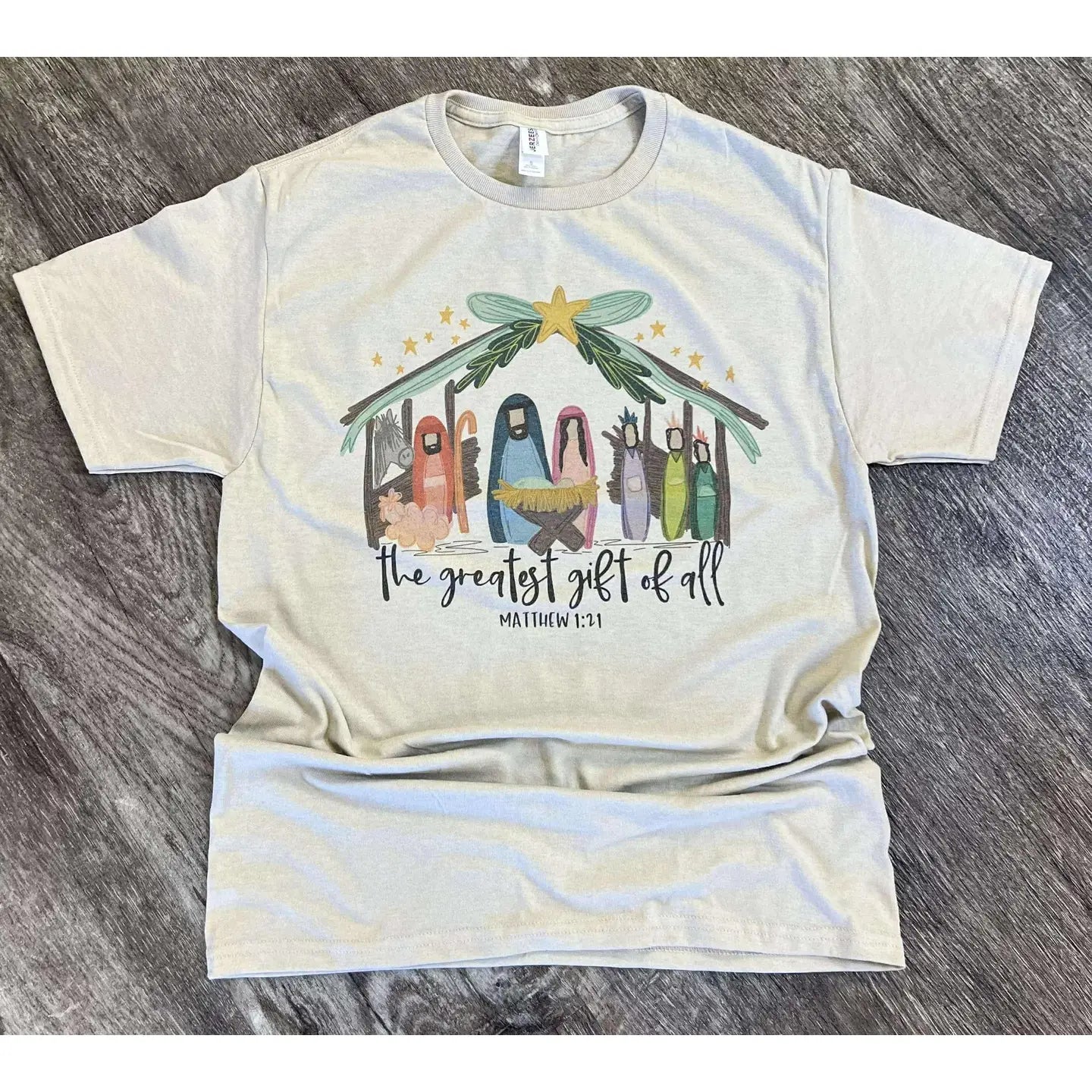 The Greatest Gift of All Jesus Nativity Scene On Sand Tee