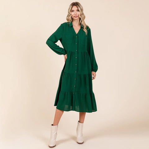 Tiered Long Sleeve Button Front Midi Shirtdress