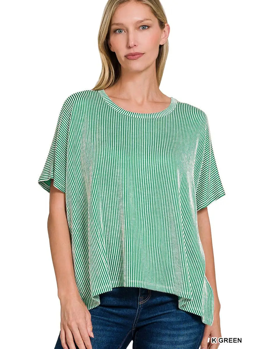Ribbed Striped Oversized Short Sleeve Top GREEN