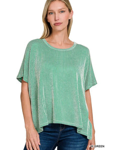 Ribbed Striped Oversized Short Sleeve Top GREEN