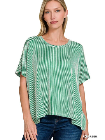 Ribbed Striped Oversized Short Sleeve Top GREEN
