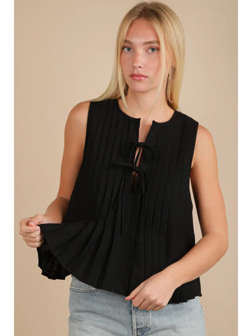 Pleated Woven Blouse Top with Front Tie-BLACK