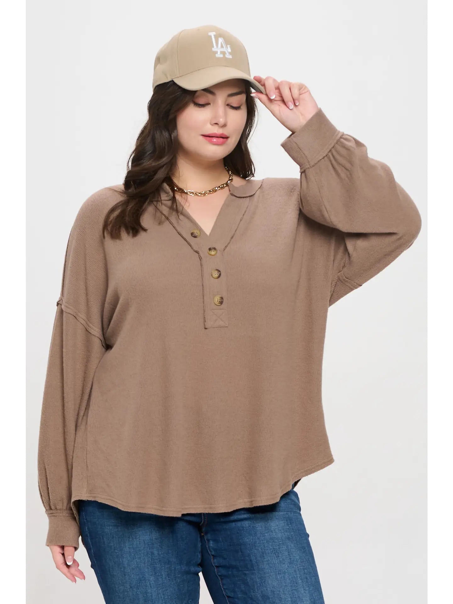 Plus V Neck Half Button Long Sleeve Knit Top-OATMEAL