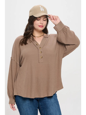Plus V Neck Half Button Long Sleeve Knit Top-OATMEAL