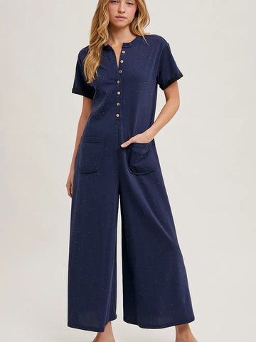 Dot Half Button Wide Leg Jumpsuit with Pockets-Navy