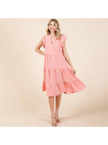 Ruffle Sleeve V Neck Tiered Midi Dress