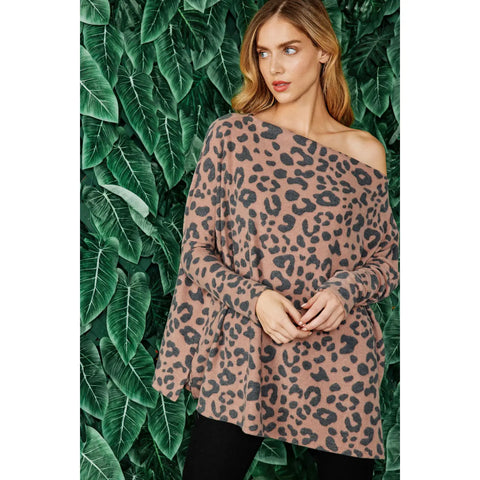 Brushed Leopard Print Boat Neck Oversized Top