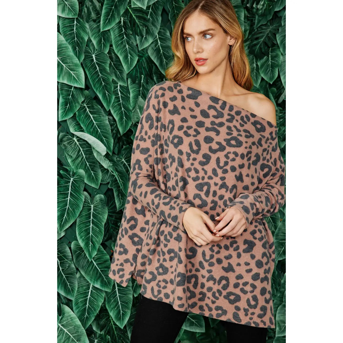 Brushed Leopard Print Boat Neck Oversized Top
