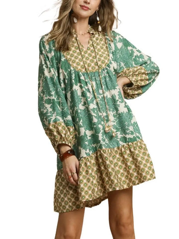 Floral N Geometric Print Boho Mini Dress