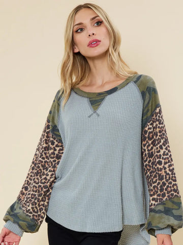 Solid Waffle Top Featuring Camo and Animal Print