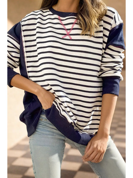 Colorblock Striped Exposed Seam Sweatshirt