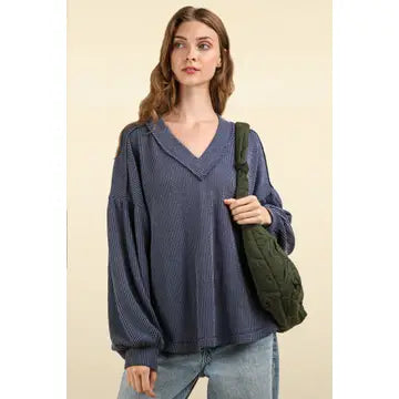 TWO TONED RIBBED V-NECK TOP-DENIM