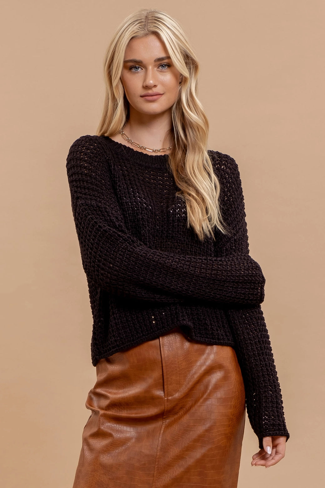 Sheer Crew Neck Crochet Knit Sweater