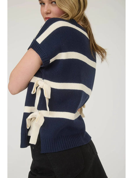 Stripe Side Tie Short Sleeve Knit Sweater cream