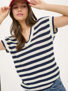 Stripe V Neck Crochet Knit Short Sleeve Sweater