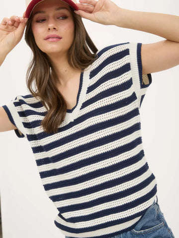 Stripe V Neck Crochet Knit Short Sleeve Sweater