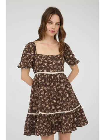 Floral Contrast Trim Detail Puff Sleeves Mini Dress