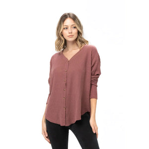 Waffle Brushed Knit Tunic Tie Knot Tops Loose V-Neck