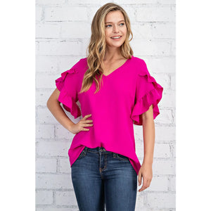 Ruffled Tulip Sleeve V Neck Top-PINK