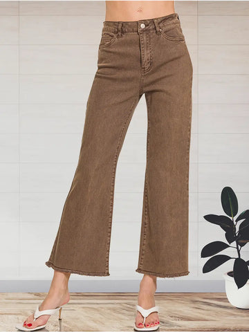 Acid Wash High Waist Frayed Hem Bootcut Pants