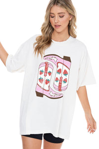 Strawberry Cowboy Boots Western Graphic Oversized Tee