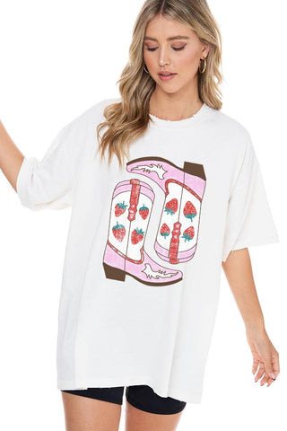 Strawberry Cowboy Boots Western Graphic Oversized Tee