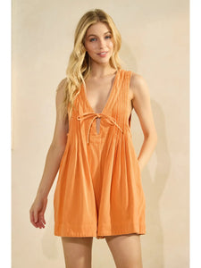 Pleated Tie Front Denim Washed Romper-ORANGE