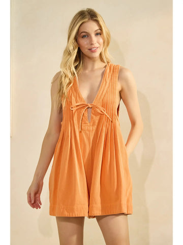 Pleated Tie Front Denim Washed Romper-ORANGE