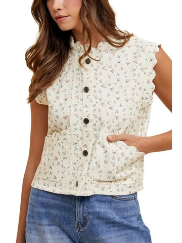 Ditsy Print Scallop Edge Detailed Denim Crop Vest