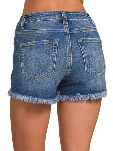 Distressed Hem Dark Wash Denim Shorts(S-XL)