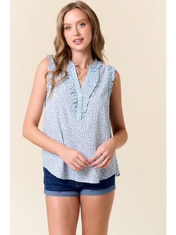 Cotton Ditzy Floral V-Neck Ruffled Sleeveless Top
