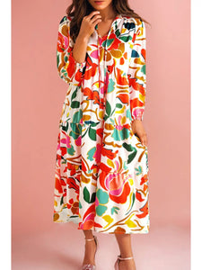Floral Print Drawstring V Neck Tiered Plus Size Dress +
