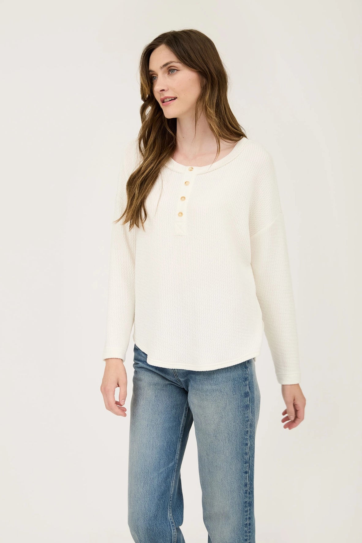 Waffle Knit Henley Long Sleeve Knit Top