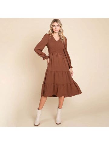 Smocked V NecK Dress- BROWN