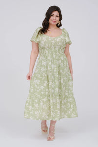 Plus Floral Scoop Neck Flounce Sleeve Midi Dress