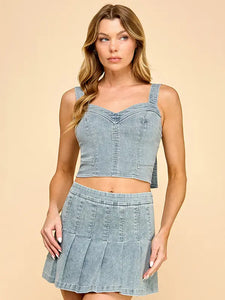 Contrast Stitching Sleeveless Crop Denim Top with Skirt