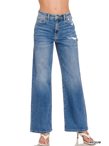 High Waist Straight Leg Medium Wash Denim Pants