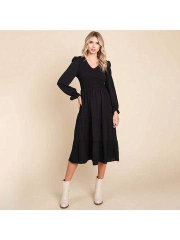 Smocked V NecK Dress- BLACK