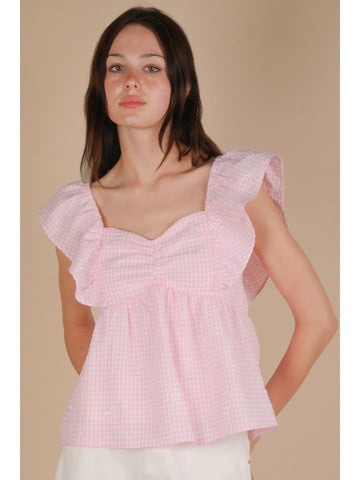 Embroidered Check Sleeveless Blouse