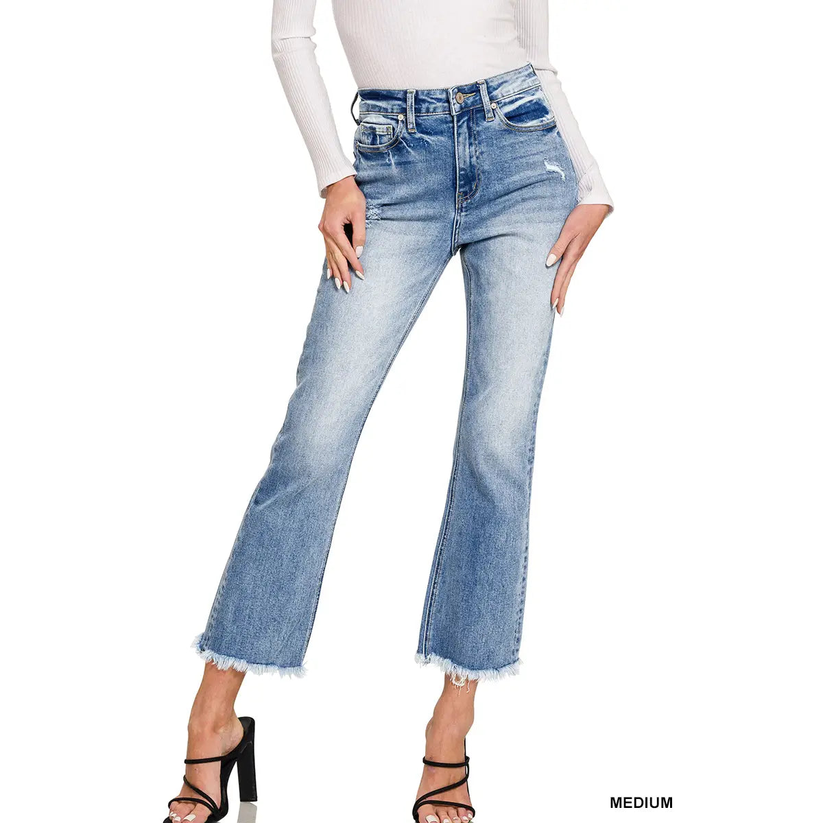 High Rise Straight Raw Hem Cropped Denim Pants