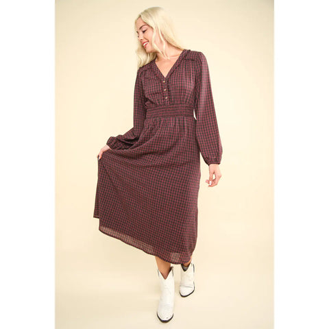 RED-VNECK SMOCKING LONG SLEEVE PLAID MIDI DRESS