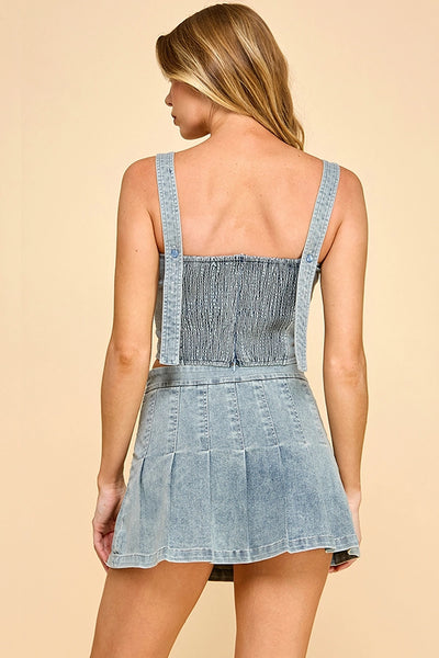 Contrast Stitching Sleeveless Crop Denim Top with Skirt